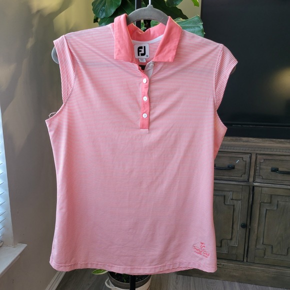 FootJoy Tops - FootJoy Womens Coral White Striped Sleeveless Golf Polo Shirt Trophy Club Medium